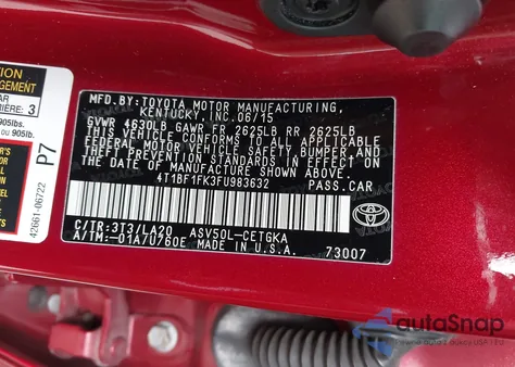 2015 Toyota Camry Xle z USA, uszkodzony, nr VIN 4T1BF1FK3FU983632